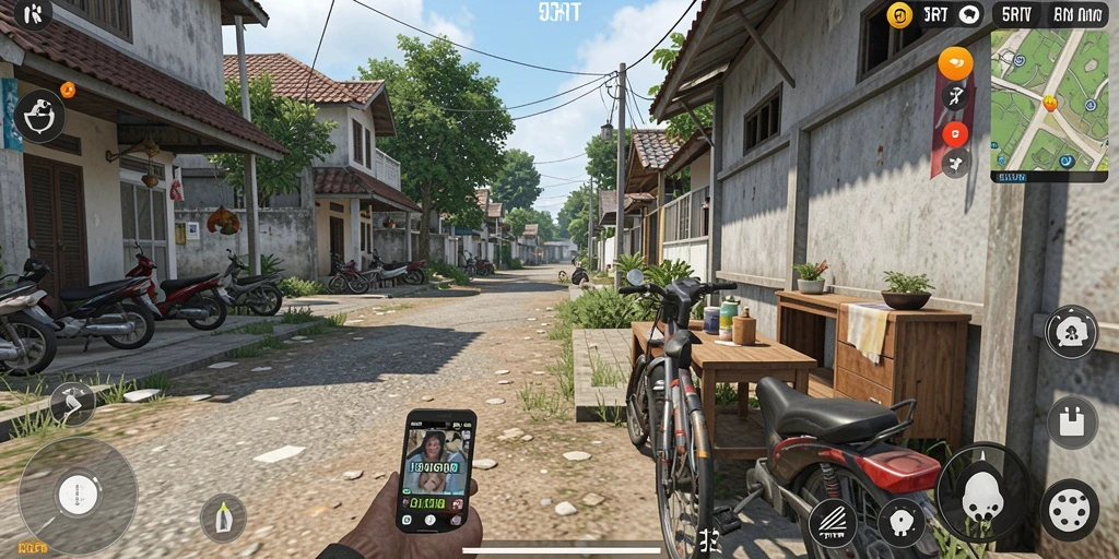 Tampilan gameplay <strong>5RT</strong> yang menarik dengan karakter dan aktivitas beragam.
