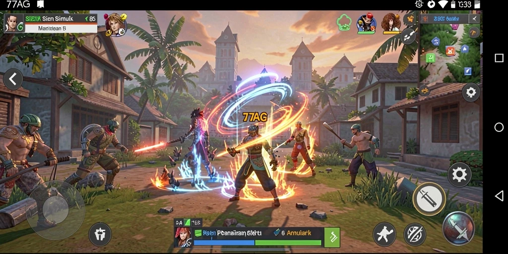 Screenshot gameplay 77AG yang menunjukkan interaksi karakter dan lingkungan.