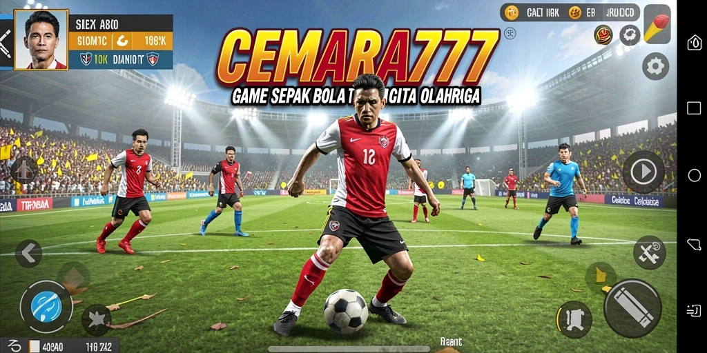 Tampilan gameplay CEMARA777 dengan aksi sepak bola yang mendebarkan.