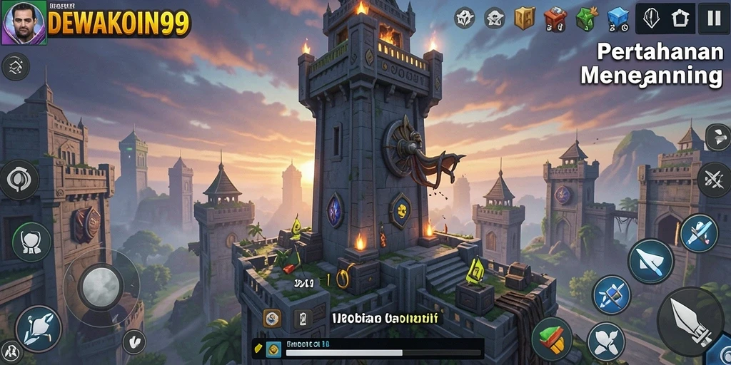 Screenshot gameplay DEWAKOIN99 yang menunjukkan serangan menara dan musuh yang mendekat.