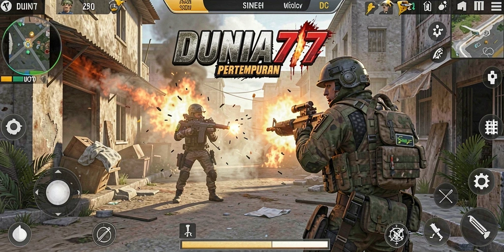 Screenshot menampilkan aksi tembak-menembak yang seru di DUNIA77.