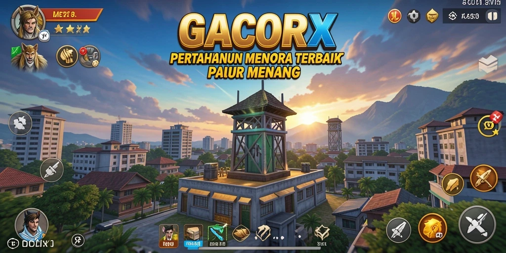 Screenshot gameplay GACORX menampilkan menara bertahan di tengah pertempuran.