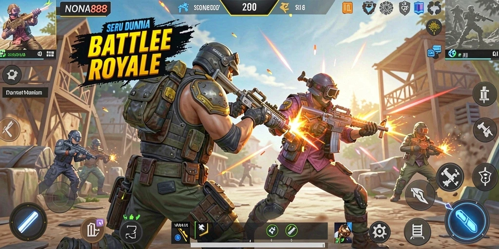 Gameplay intense NONA88 dalam pertempuran Battle Royale.