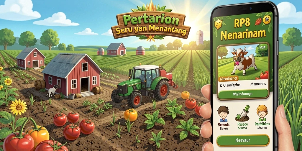 Tampilan utama gameplay RP8 menampilkan ladang yang subur dan berbagai aktivitas pertanian.