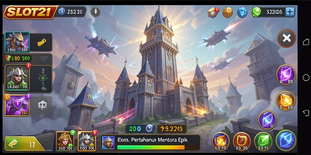 Tampilan gameplay SLOT21 dengan aksi menara melawan gelombang musuh.